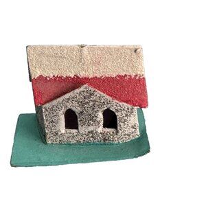 Vintage Putz Cardboard Christmas House Ornament With Blue Base Pink Flocked Roof